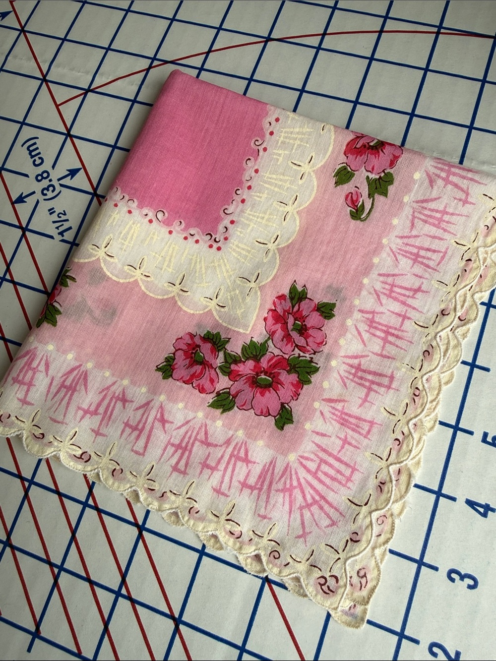 Vintage 1950s Pink Floral Cotton Handkerchief Faux Lace Print Scalloped Edge